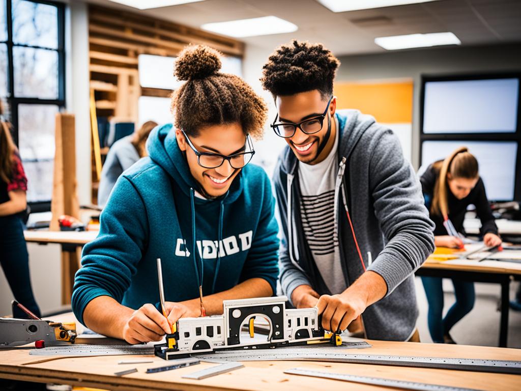 An image showing a group of students working together, with various tools and materials laid out in front of them. One student is using a ruler to measure, while another is using a saw to cut wood. The background shows various real-world structures and objects, such as buildings, bridges, and machines. The overall vibe is one of collaboration, creativity, and practical application of knowledge and skills.