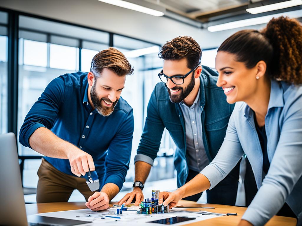 A group of diverse individuals working together on a complex project with various tools and technology. One person is leading the project, while others are collaborating and brainstorming ideas. The environment is modern and innovative, with open floor plans and natural lighting. The members are showcasing excellent communication, critical thinking, problem-solving, and teamwork skills.