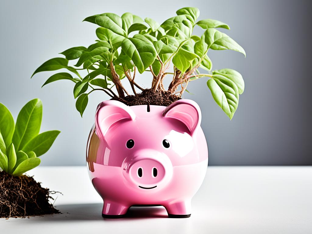 A piggy bank with roots growing out of it, surrounded by various plants and trees.