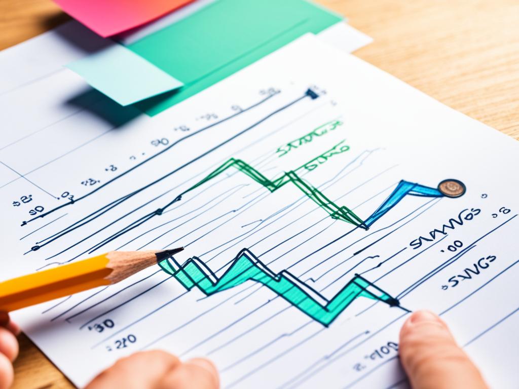 A hand holding a pencil, drawing a line graph on a piece of paper. The line gradually increases in an upward direction, symbolizing the growth of savings over time.