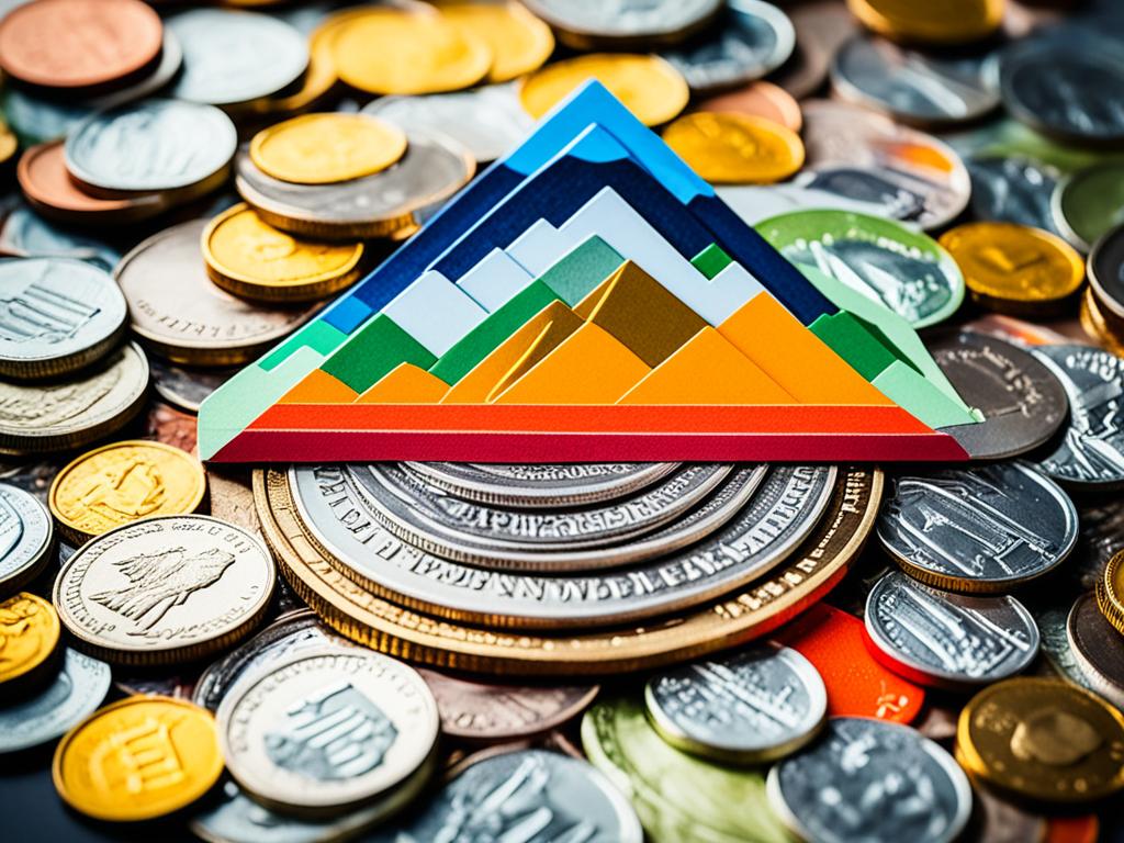 A pile of coins and bills stacked neatly on top of each other, forming the shape of a small mountain. The colors are vibrant and inviting, showing the progress and growth of an emergency fund.