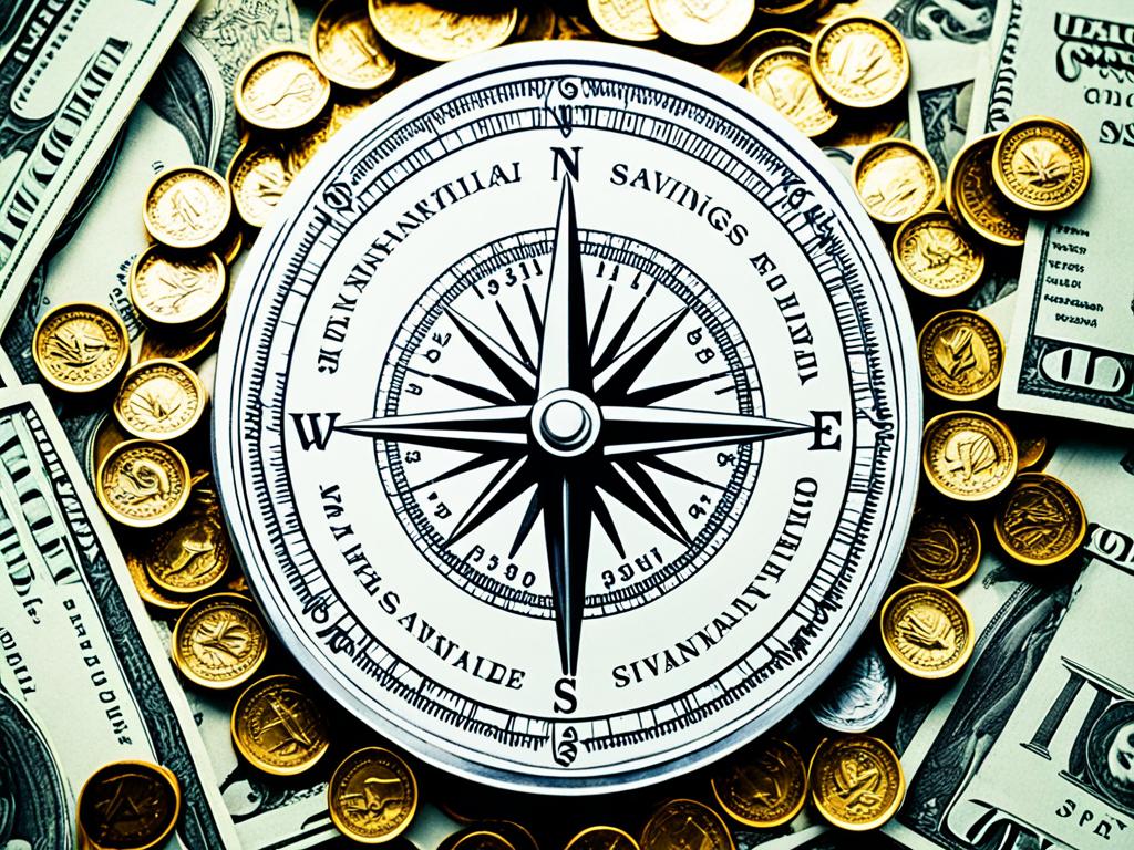 An image of a compass surrounded by coins and dollar bills, symbolizing the importance of evaluating your current financial situation before creating a sustainable savings plan. The compass is pointing towards the direction of financial stability, while the scattered coins and dollar bills represent the need to take control of your finances and make wise financial decisions.