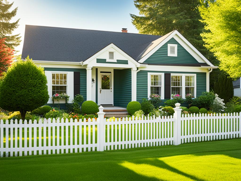 A cozy, well-maintained house with a lush green lawn and a white picket fence in a quiet suburban neighborhood.