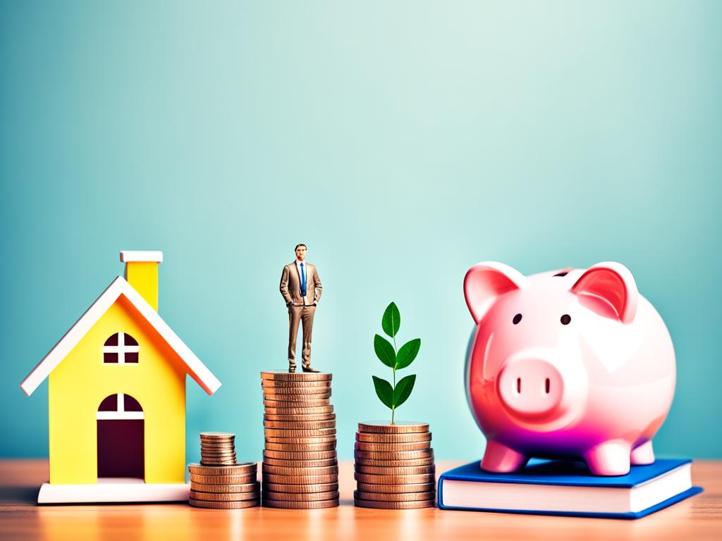 An image of a pile of coins stacked next to a house-shaped piggy bank. A set of scales with dollar signs on one side and a house on the other. A piggy bank overflowing with coins and bills.