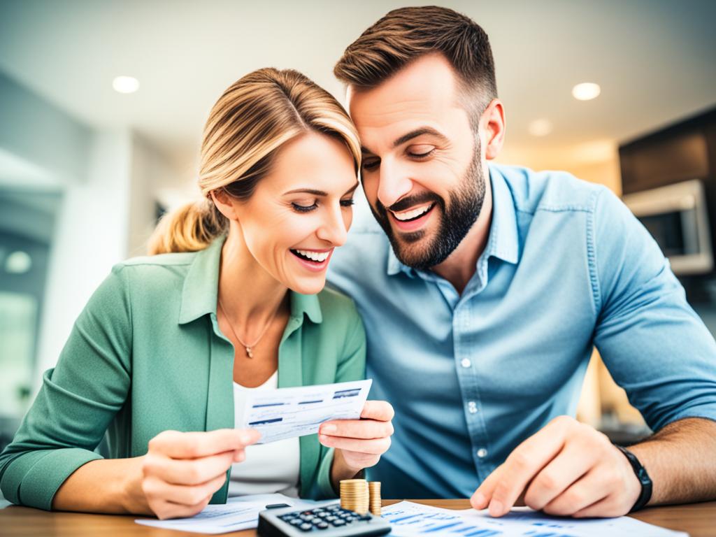 Homeownership: A couple looking at a calculator while standing in front of a house. They are surrounded by stacks of coins and bills representing their budget and affordability. The calculator screen displays the numbers as they calculate their monthly mortgage payments and determine what they can afford. The couple wears expressions of determination and confidence in their home buying journey.