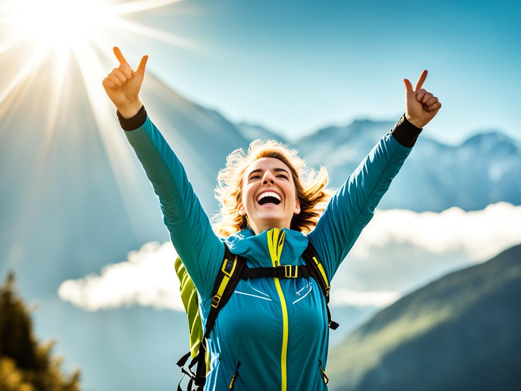 A lady standing on top of a mountain, with arms wide open and a big smile on her face as if she has accomplished something great. The sun is shining bright on her, and there are clouds that seem to form an arrow pointing upwards towards the sky. She appears to be taking a deep breath, embracing the fresh air and positive energy that surrounds her.