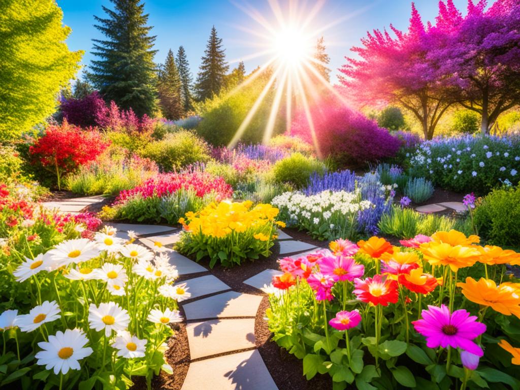 A colorful garden filled with blooming flowers and a bright sun in the sky, with each petal showing a positive affirmation.