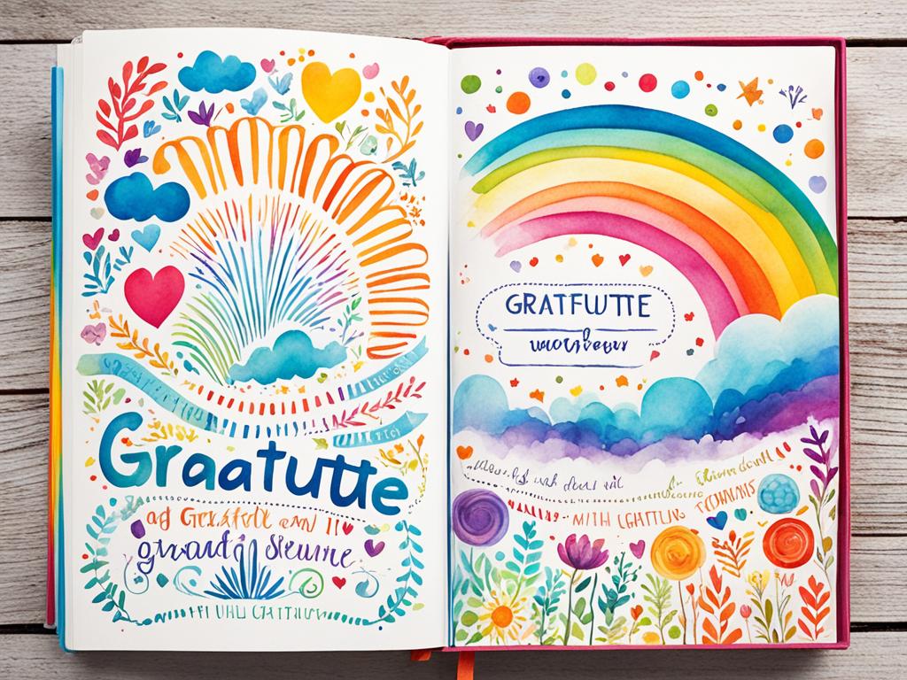 An image of a Gratitude Journal, with a colorful cover and pages that seem to come to life. The pages are filled with vibrant, whimsical illustrations that represent moments of gratitude and happiness. A rainbow of colors swirls around the pages, representing the full spectrum of emotions that come with being grateful. The imagery reflects the idea that gratitude is a journey, one that requires daily practice and cultivation to truly blossom. The journal itself is shown as a cherished object, something to be treasured and used with intention. The overall image evokes a sense of joy and wonder.