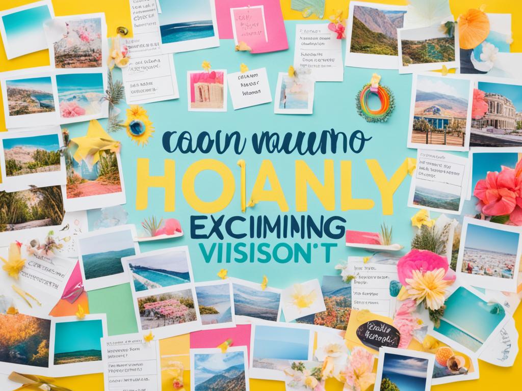 An image of a positive vision board, filled with colorful images and inspiring quotes that represent desired reality. It includes images of happy people, scenic places, and objects that bring joy and excitement. Bright colors and bold designs are used.