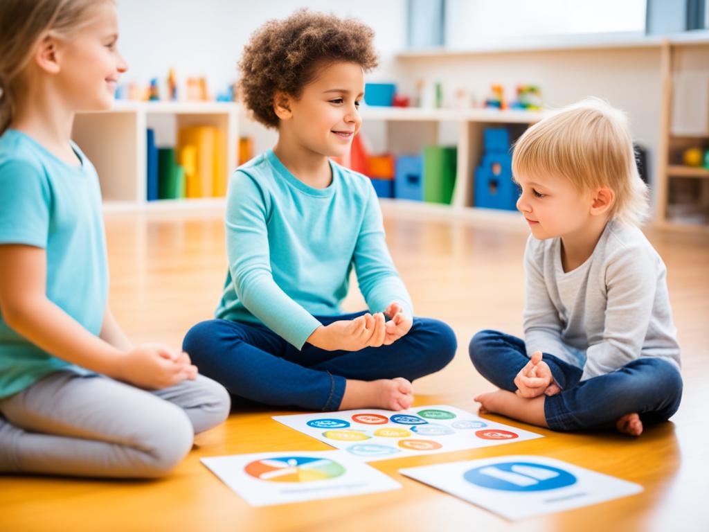 Social and Emotional Learning: A group of children exhibiting different social and emotional learning competencies, such as self-awareness, self-management, social awareness, relationship skills, and responsible decision-making. It shows each competency in a unique way, such as one child meditating for self-awareness, another child using tools to manage their emotions, a third child showing empathy towards another, two children resolving a conflict peacefully, and a final child making a responsible decision on their own. The overall image conveys the importance and diversity of SEL competencies.