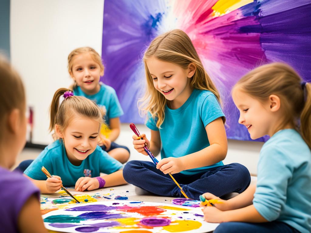 Social and Emotional Learning: A group of children sitting in a circle, each holding a different color of paintbrush and working on a collaborative painting that reflects their shared values and experiences. One child is smiling as they add a bold stroke of yellow to the canvas, while another is focused intently on blending shades of purple. In the background, a poster with the words "empathy," "compassion," and "inclusivity" can be seen hanging on the wall. The overall mood is one of cooperation, creativity, and growth.