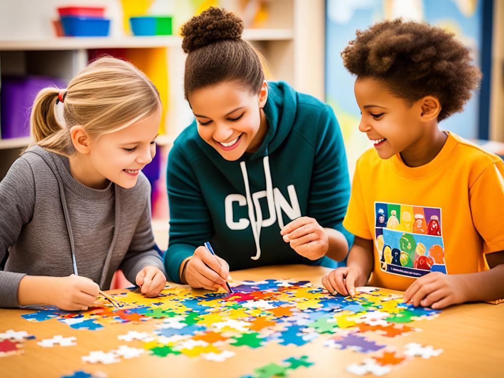 An image of a group of students of different ages and backgrounds engaged in activities that promote emotional intelligence and cooperation. It shows educators facilitating the activities and the use of tangible materials such as puzzles and games to encourage problem-solving skills. The image emphasizes diversity, inclusion, and mutual respect in the interaction between students and educators. Warm colors and a vibrant setting are used to suggest positivity and growth.