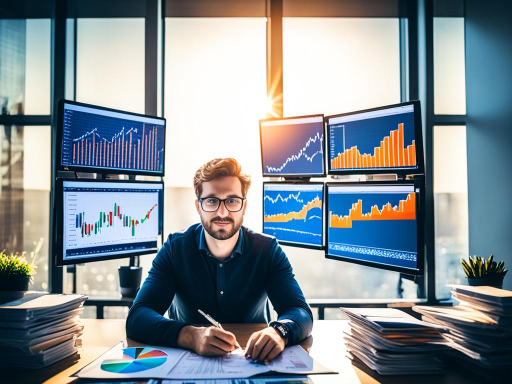 A person sitting at a desk with multiple computer screens and charts, holding a pen and paper, analyzing the ups and downs of the stock market. In the foreground, there are stacks of books on trading and investing. Sunlight is streaming in from a window behind the person, illuminating the scene.