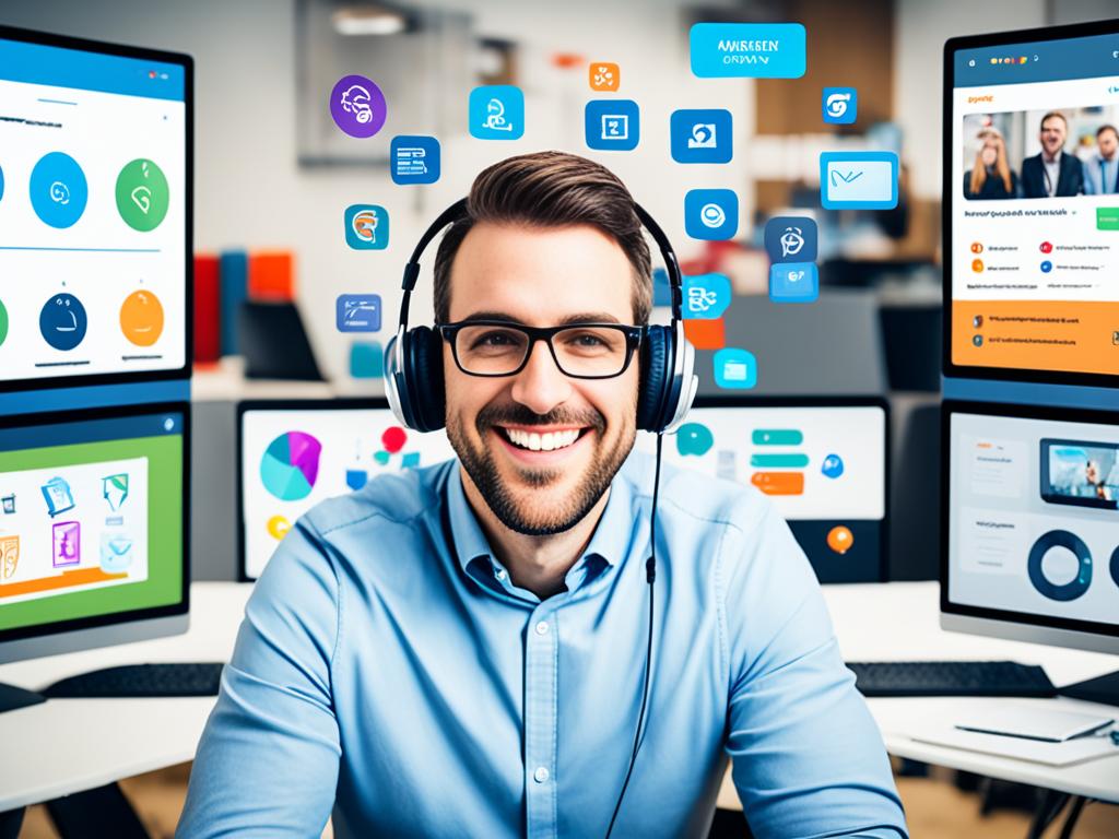 A young man sitting in front of a computer screen with multiple tabs open, surrounded by various digital devices such as a tablet, smartphone, and headphones. There are also virtual elements like video conferencing, interactive learning modules, and gamification features incorporated into the image. Additionally, there is an emphasis on accessibility and inclusivity with features such as closed captioning, audio descriptions, and translation options visible. The overall tone is modern and dynamic, showcasing the versatility and potential of remote learning in the future.