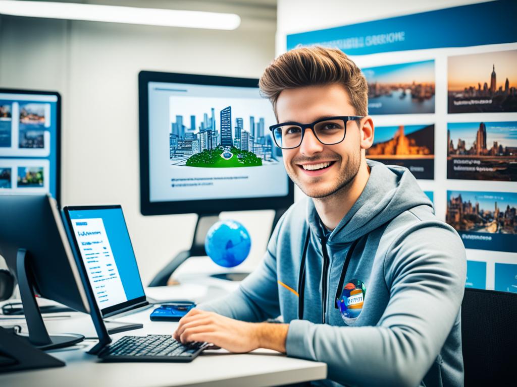 A student sitting in front of a computer, surrounded by various educational materials such as textbooks, notebooks, and a tablet. The student is engaged in the online learning process, with the computer screen displaying a virtual class session. The background includes a futuristic cityscape to symbolize the technological advancements driving the rise of remote learning.