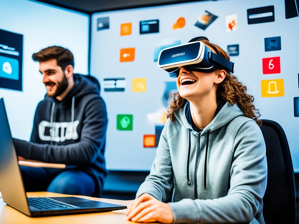 A student sits in front of a laptop, surrounded by various innovative technologies such as virtual reality headsets and interactive screens, as they engage in a remote learning experience. The image evokes a sense of excitement and possibility for the future of online education.