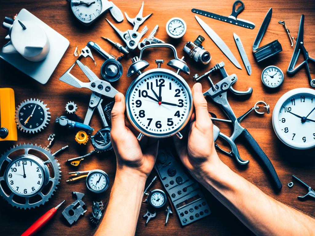 A hand holding a clock with various tools and objects around it, symbolizing productivity hacks. The clock is set at the perfect time for maximum productivity.