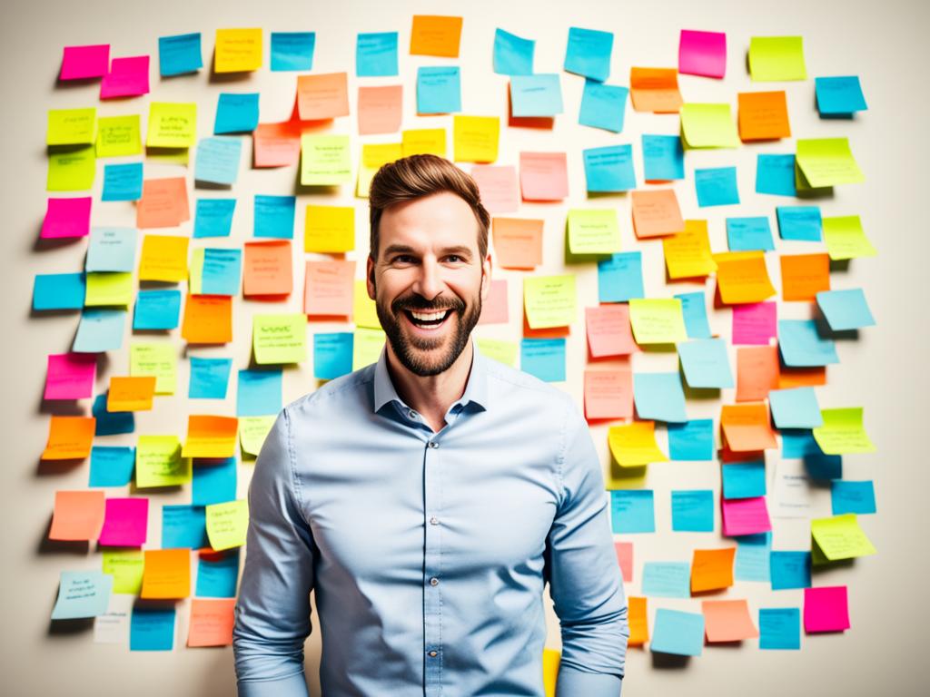 Efficiency: An energetic person standing in front of a wall filled with colorful post-it notes and highlighting different strategies for boosting productivity.