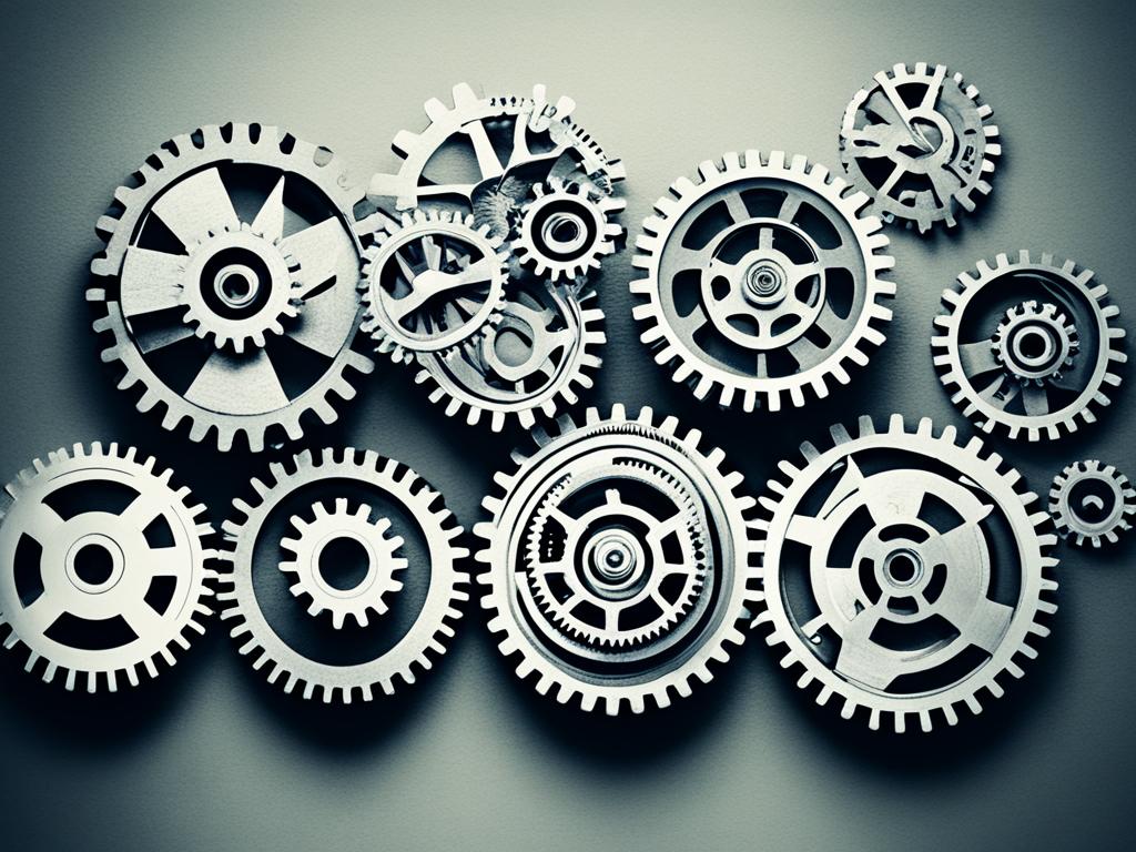 A series of interconnected gears and cogs forming a machine, with each gear labeled as a different habit. The gears are all turning smoothly, representing the idea of building lasting change through consistent and efficient habit formation.