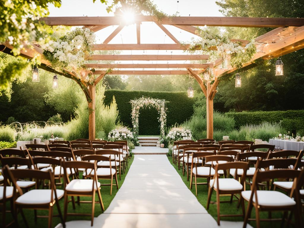 Wedding: A lush green garden wedding venue, surrounded by trees and flowers, with an outdoor ceremony area featuring a natural wood arch adorned with vines and blossoms. Solar-powered string lights illuminate the space, providing a warm and intimate ambiance for the reception.