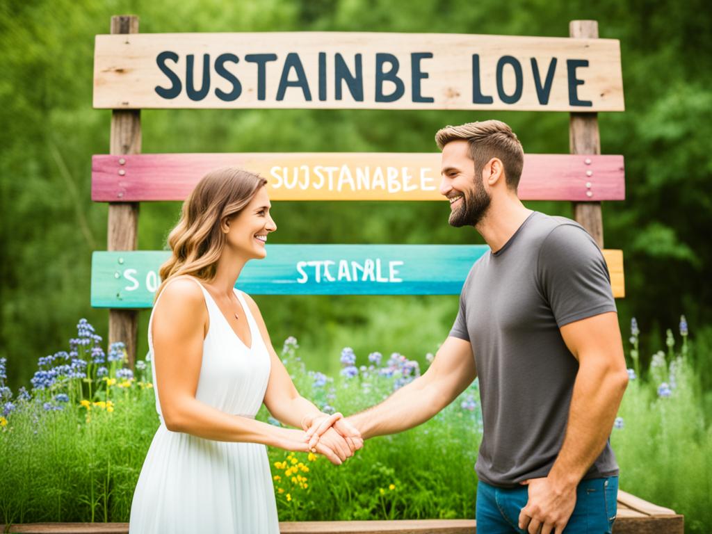 A couple surrounded by lush greenery, holding hands and smiling at each other while standing in front of a rustic wooden sign that reads "Sustainable Love". In the background, there are rows of colorful wildflowers and a few handmade wooden benches. The overall atmosphere is peaceful and serene, with a focus on nature and eco-friendliness.