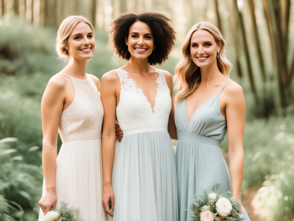 A bride and two bridesmaids standing in a beautiful natural setting, wearing ethically-sourced and sustainable bridal gowns made from recycled fabrics. The dresses have flowy and effortless silhouettes with subtle details such as delicate lace and embroidery. The colors of the dresses are soft pastels, reflecting the natural surroundings. The bride is holding a beautiful bouquet of seasonal flowers, also sourced sustainably from a local farm.