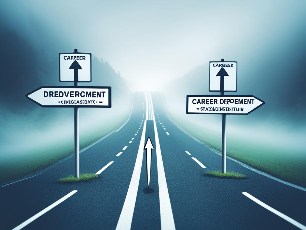 An arrow at a fork in the road, with one path labeled "Career Development" and the other labeled "Stagnation." The path of Career Development is illuminated and leads to a bright future while the Stagnation path is dark and foggy.