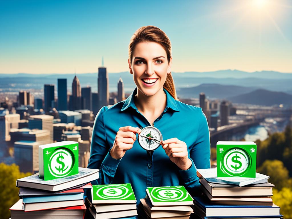 A lady holding a compass with an arrow pointing towards financial stability and literacy. In the distance, a city skyline symbolizing financial success can be seen. The lady has a determined expression, ready to take on the challenge of learning about finances.