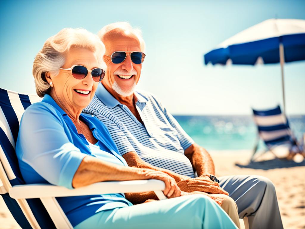 An image of a happy elderly couple sitting on a beach with a large umbrella, cooler, and beach chairs. The couple is holding hands and looking out towards the ocean with smiles on their faces. The overall scene conveys a sense of relaxation, enjoyment, and financial security that comes with successful retirement planning.