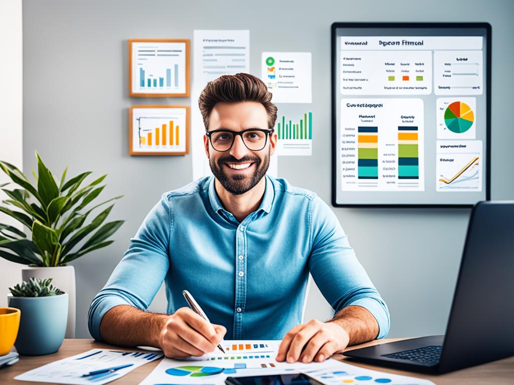 An image of a young man confidently managing his finances, surrounded by various tools and resources that represent financial education. The man is using a budgeting app on his phone, reviewing his investments on a computer, and studying a book on personal finance. The image includes visual representations of financial concepts like savings, debt management, and investment strategies. The overall tone conveys a sense of empowerment and control over one's financial situation.