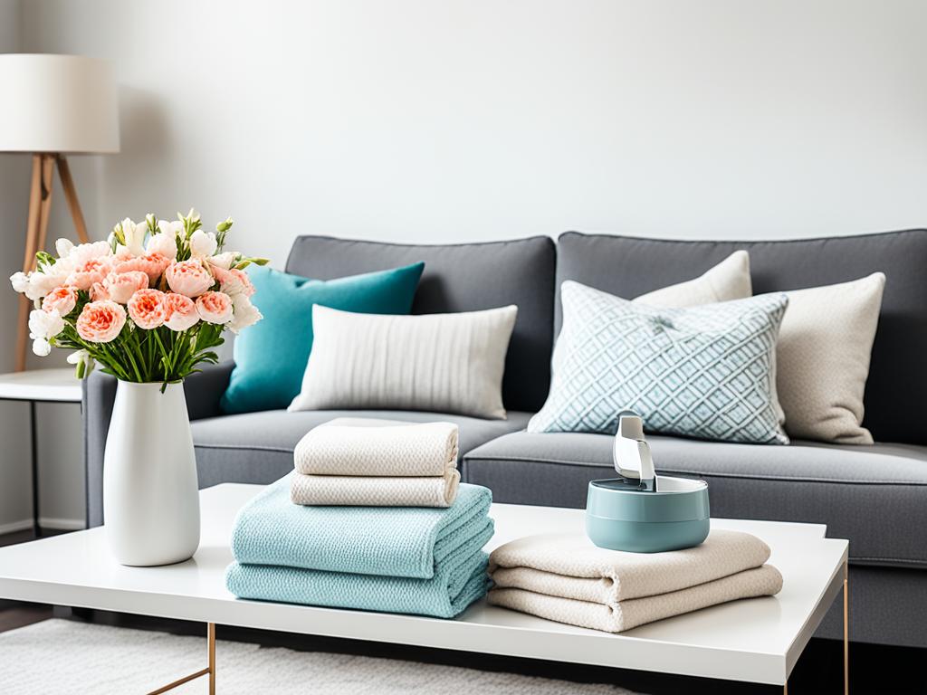 A clean and organized living room with neatly folded blankets and pillows on the sofa, and a vase of fresh flowers on the coffee table.