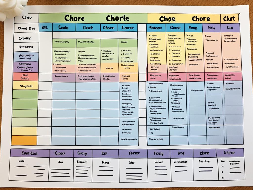 An image of a chore chart with different household responsibilities divided among family members. Each person has their own column, and the tasks are organized by the days of the week. The chart is colorful and visually appealing, with illustrations of each chore, making it easier for the younger family members to understand their responsibilities.