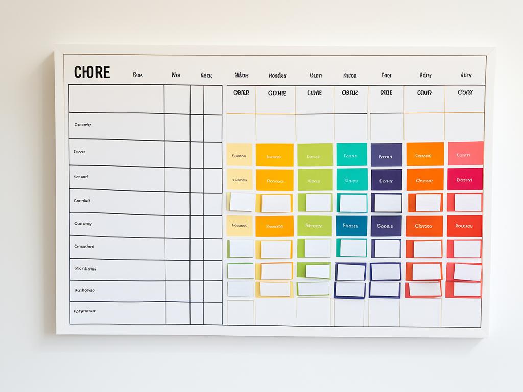 A minimalist chore chart with different colored boxes representing various household tasks. Each box is neatly labeled with the corresponding chore and color-coded for easy identification. The chart is set against a clean, white background to maintain a simple and organized aesthetic.