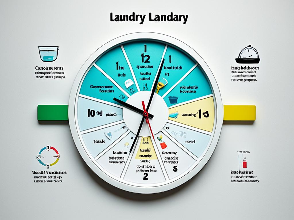 A clock divided into sections representing different household chores, with each section labeled with a different color and a corresponding task. One section is labeled "laundry," another "dishes," and so on. Each section also has a small symbol, representing the task. The clock's hands are positioned, showing the most efficient order in which to complete the tasks, based on time constraints and other factors.