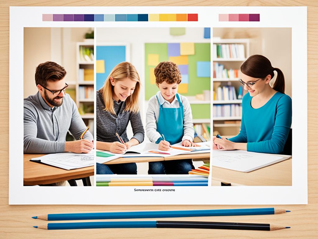 A picture combination of a young man, a little boy and his teacher, a young lady studying