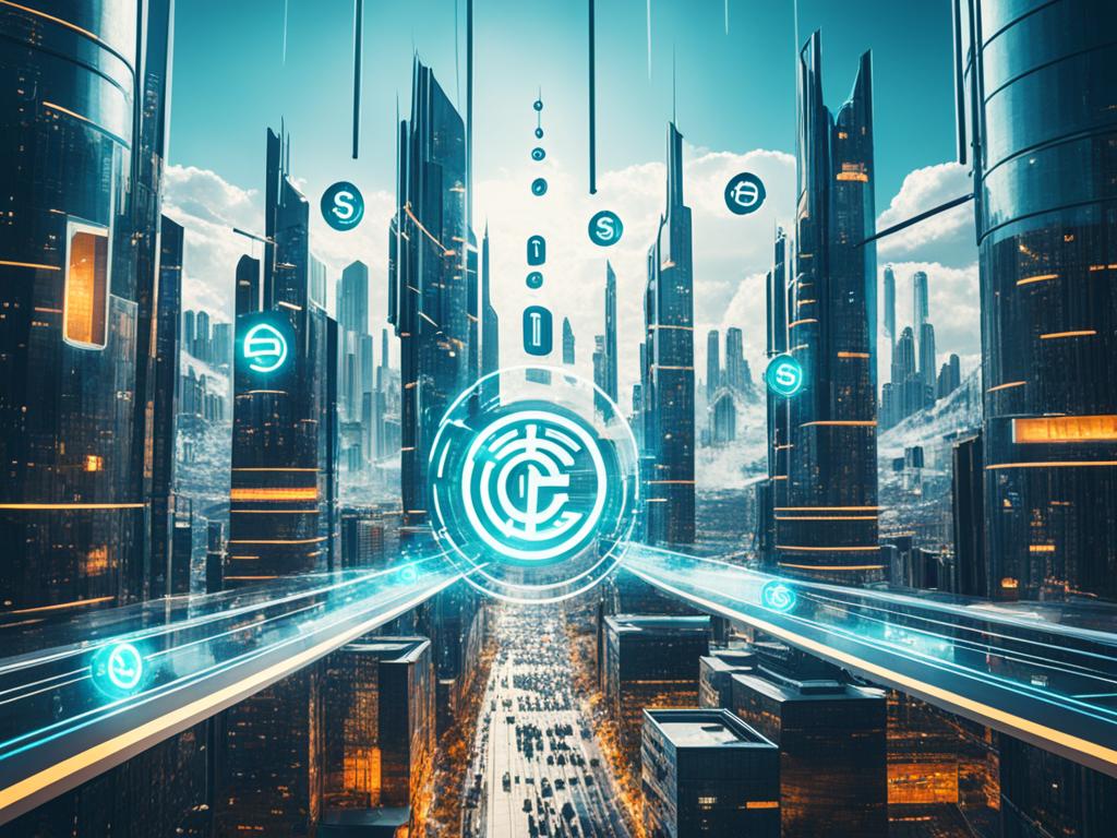 A futuristic city with cryptocurrencies symbols hovering over buildings and streets.