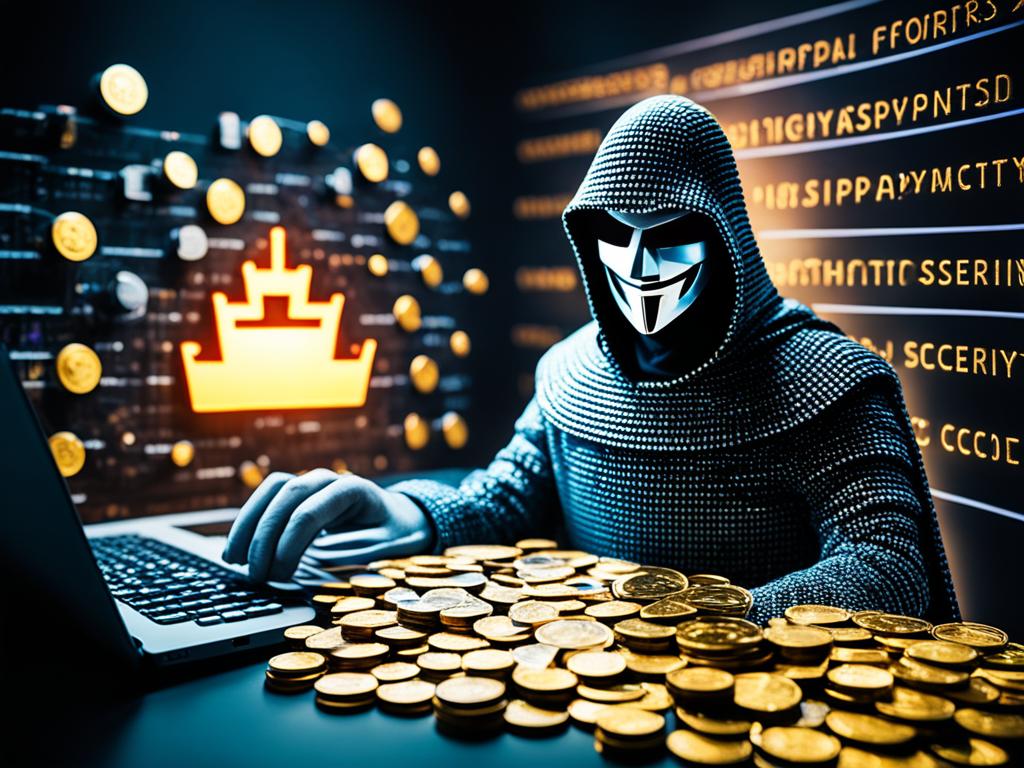 An image of a digital fortress guarding a pile of encrypted coins. The fortress is made up of layers of security, including firewalls, biometric scanners, and encryption protocols. The coins are glowing with a digital aura, showing their value and importance. The overall mood conveys safety and security, showcasing the future of cashless payments and digital currency.