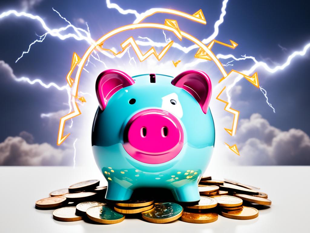 An image of a piggy bank surrounded by lightning bolts and cloud-like shapes that symbolizes the security and protection of an emergency fund. It shows the piggy bank filled with coins and bills, conveying the idea that having multiple bank accounts can help you save money for unexpected expenses without touching your regular funds. It uses colors that convey stability and trustworthiness, such as dark blue and green.