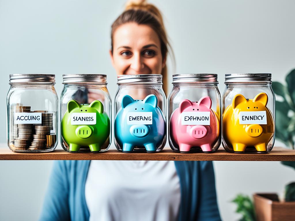 An image of a lady holding multiple bank accounts, each labeled with different budgeting and savings goals. The accounts is represented as jars and piggy banks in it, with each one having a distinct color scheme and label indicating its purpose (e.g., "Emergency Fund," "Travel Fund," "Retirement Fund," "Monthly Expenses," etc.). The lady is shown standing confidently, with a smile on her face, indicating the sense of security and control that comes with having a well-organized financial plan.