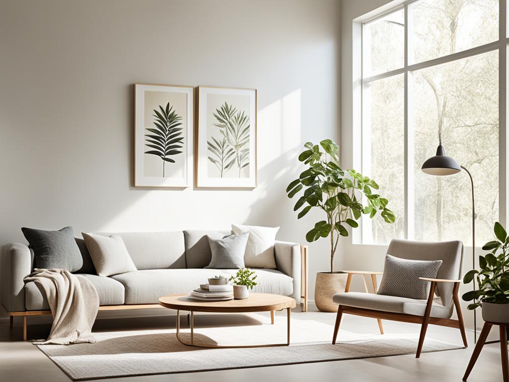 An image of a serene living space that feels open and uncluttered. It uses simple lines and shapes to convey the idea of minimalism. The image includes natural light and a muted color palette, suggesting a sense of calm and tranquility.