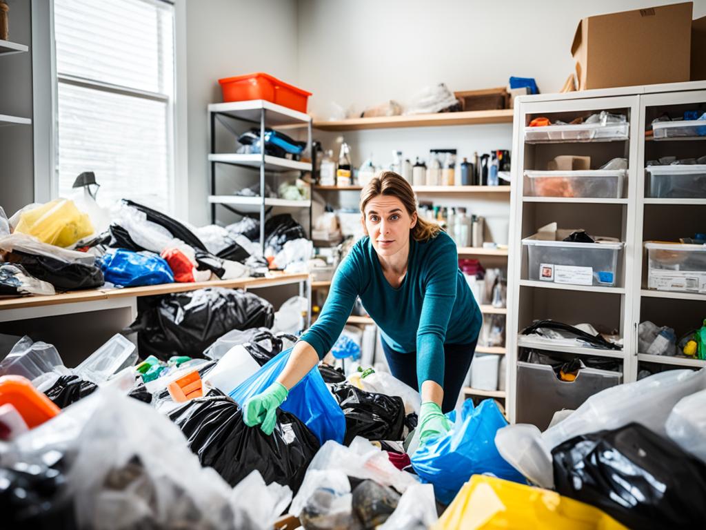 A cluttered room with various items scattered around. In the foreground, there is a lady with a determined expression holding a trash bag and sorting through the items with purpose. In the background, have empty shelves and drawers waiting to be filled with what remains after the decluttering process.