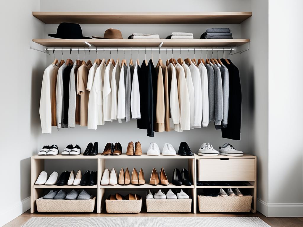 An image of a minimalistic closet with only a few essential items of clothing, such as a white t-shirt, black jeans, a neutral sweater, and versatile shoes neatly arranged in a row. The background is clean and simple, with no distracting elements. Muted colors and soft lighting are used to convey a sense of calm and tranquility. It shows the beauty and elegance of simplicity in fashion.