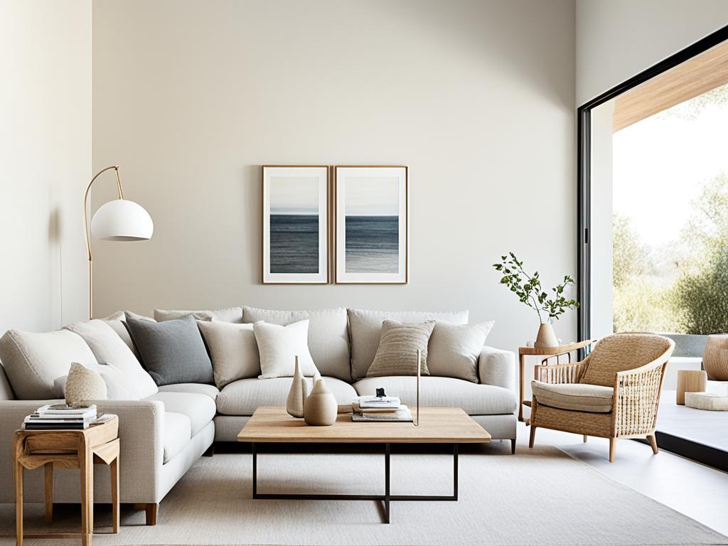 A serene living room with minimalist decor. The focus is on the clean lines and neutral colors. It includes natural textures like wood. The image shows simplicity in the furnishings and lighting, with nothing extra or unnecessary in the room.