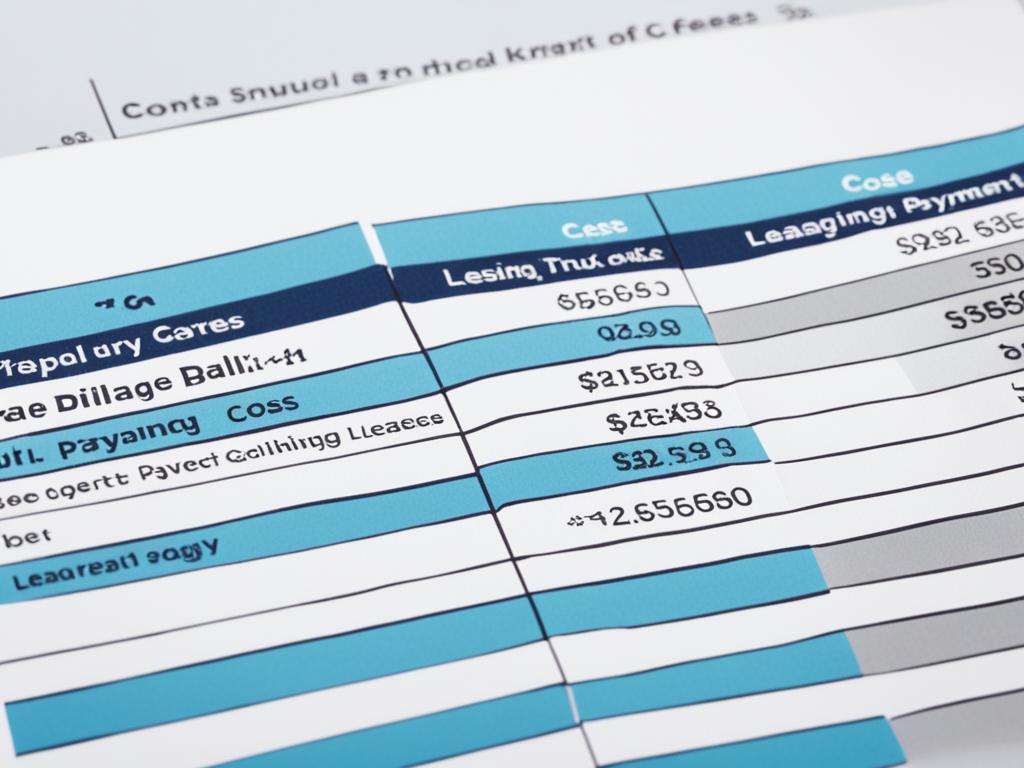 A visual representation of the comparison between the costs of renting and purchasing a vehicle through various factors like down payment, monthly payments, mileage limits, and end-of-rent fees. It shows the difference in the total cost of ownership over a specific period. The image uses graphical elements such as bar graphs, pie charts, and tables to represent the data.