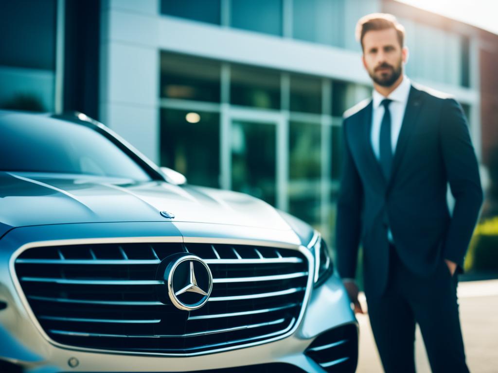 A sleek and modern car with a blurred background, representing the luxury of leasing a vehicle. The car has a shiny finish and is parked in front of a high-end dealership or leasing center. There is a man dressed in a suit standing close to the car.