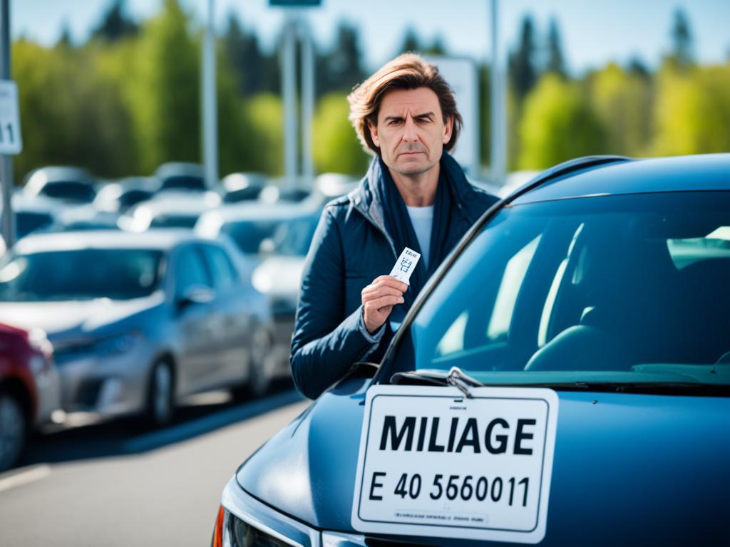 A car sits in a parking lot while a road sign with a mileage limit looms overhead. In the distance, a man looks disappointed as he hands over his keys to the leasing company.