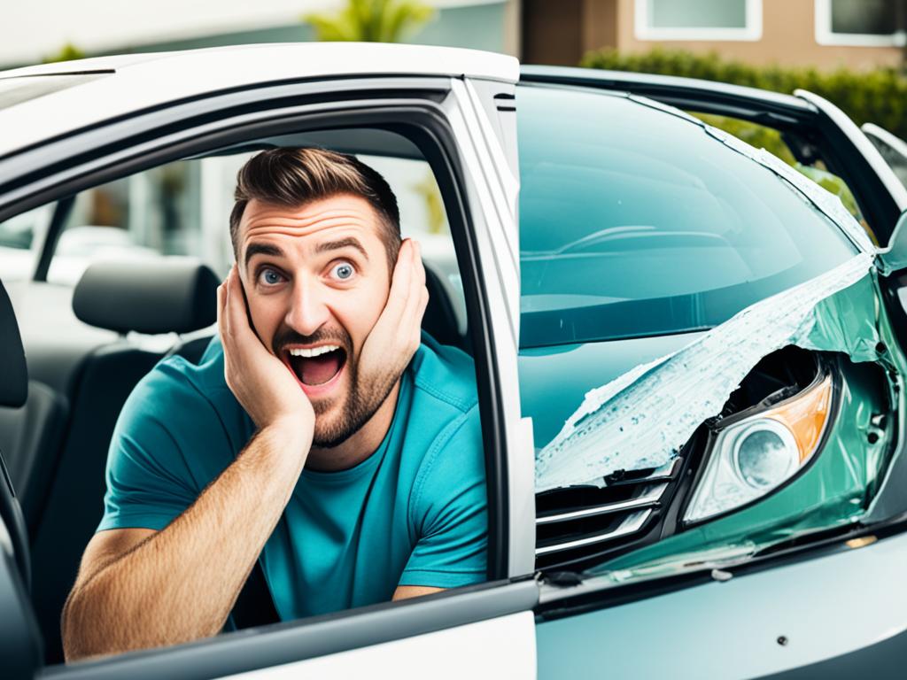 An image of a car split in half, with the left side showing a person happily driving a leased car with a low monthly payment, while the right side shows a person stressed out about monthly loan payments on their newly purchased car.