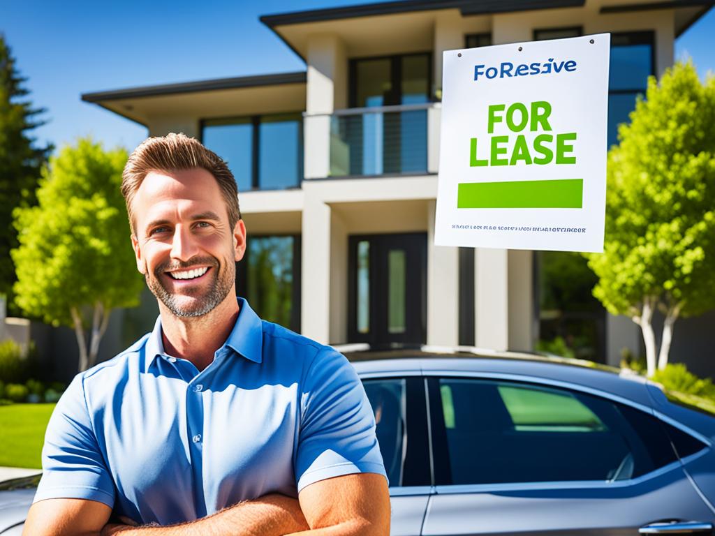 A sleek, modern car parked outside a luxurious home with a "For Lease" sign in the front yard. The car is shiny and new, with no signs of wear and tear. The image shows a man standing in front of the car smiling. The background is a beautiful landscape with clear blue skies and green trees, representing the freedom that comes with leasing a car.