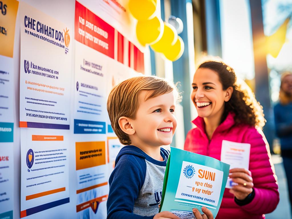 A group of people lined up to donate money to a collection box in front of a charity organization's building. Brightly colored banners and posters with inspiring messages promoting charitable giving can be seen hanging on the walls. A young child looks up at their parent, who is holding a donation envelope and smiling in satisfaction. The sun shines brightly overhead, casting a warm glow on the scene.