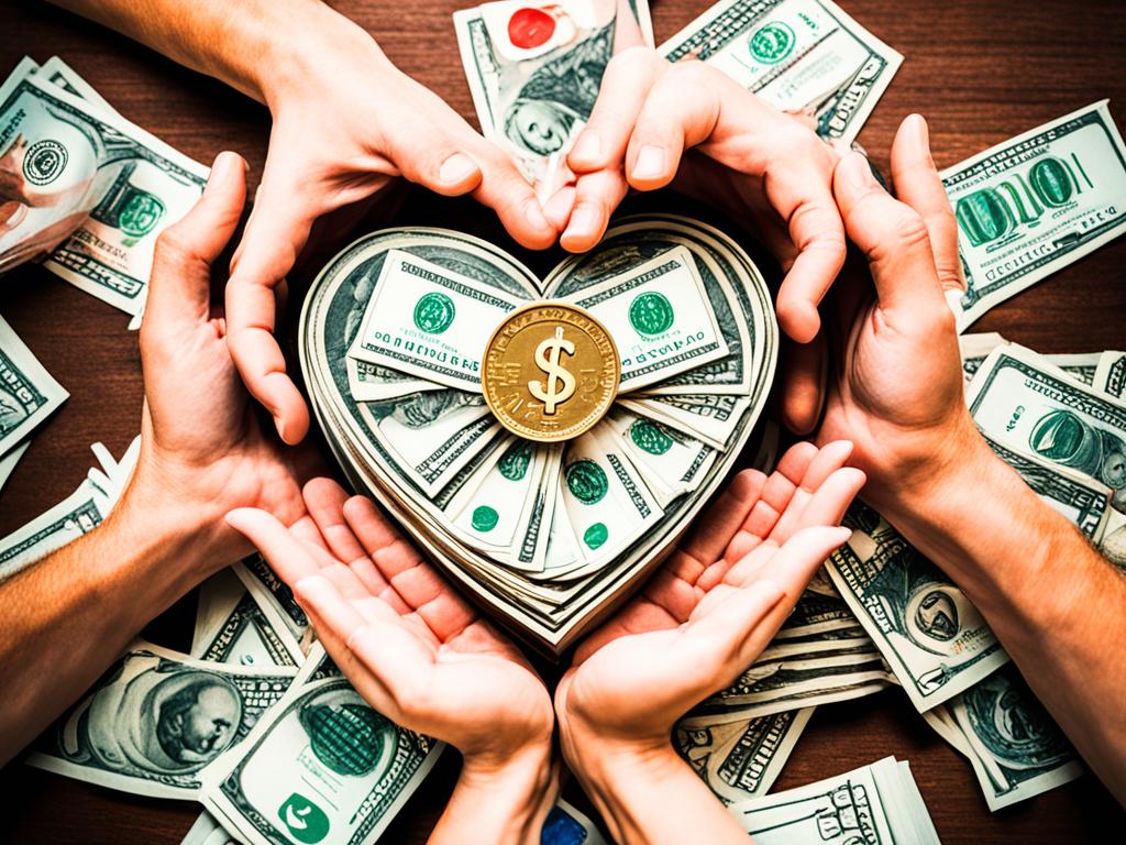 A pile of coins and dollar bills with a heart-shaped symbol on top, surrounded by hands reaching out to donate.